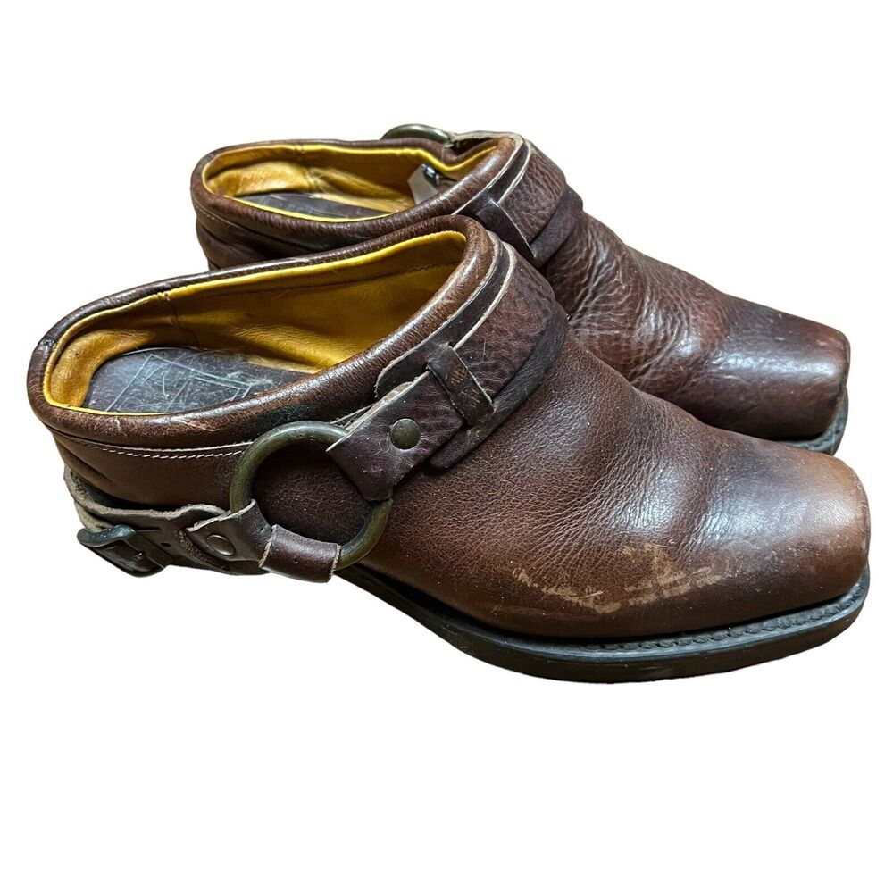 Frye Clogs Belted Harness Western Bike Women's 6.5 M Brown Oiled Leather USA